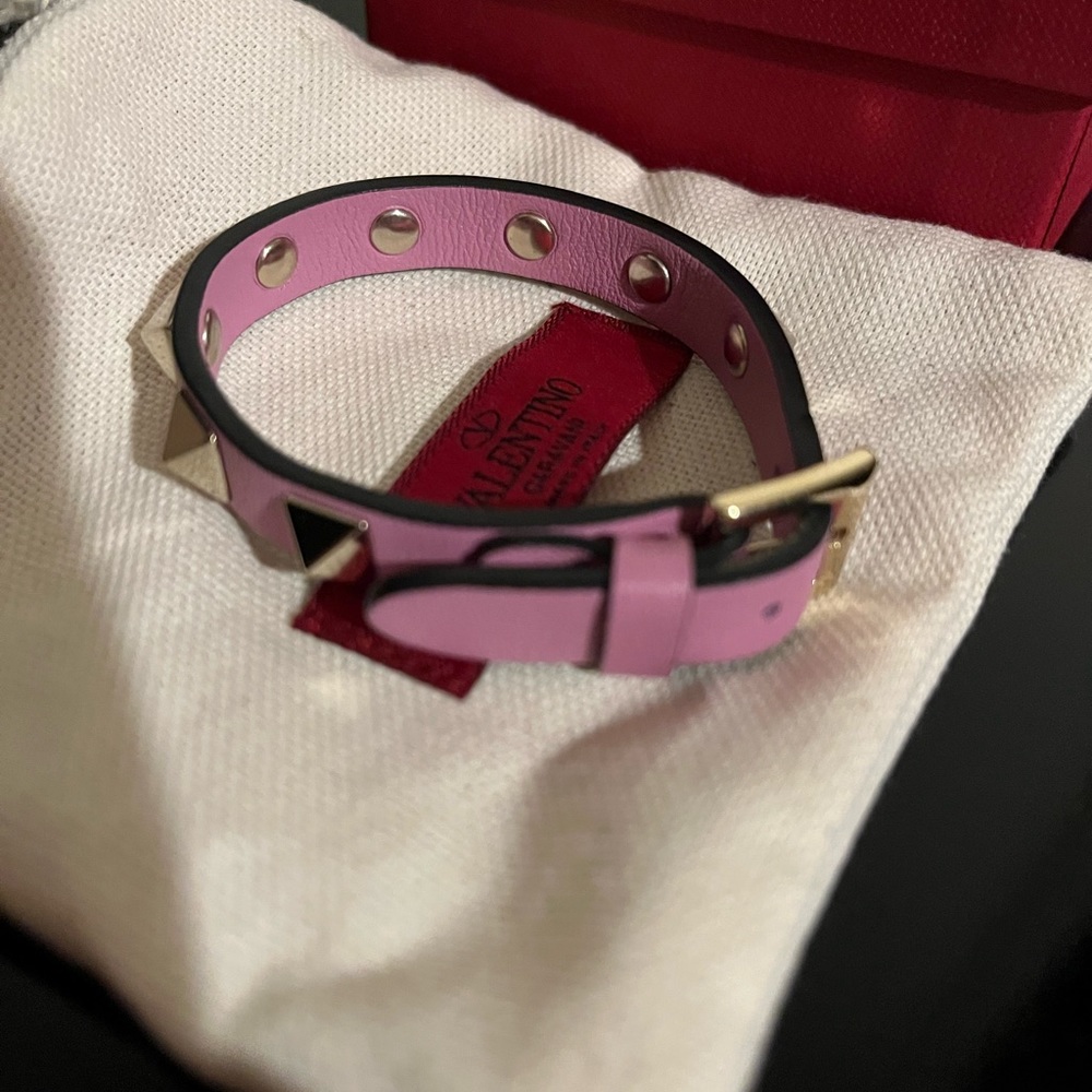 Valentino Pink Leather Rockstud Bracelet with Gold Hardware